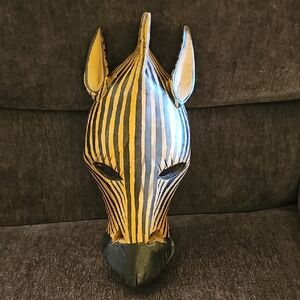 Handcrafted Black and Yellow Zebra Wood Mask - Home Accent
